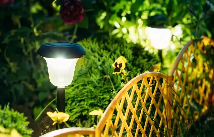 lamps that illuminate a fence in the garden
