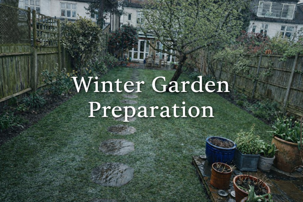 Winter garden with green lawn, stepping stone path, wooden fence panels, and patio, showing “Winter Garden Preparation” banner for professional turfing, fencing, and garden maintenance services