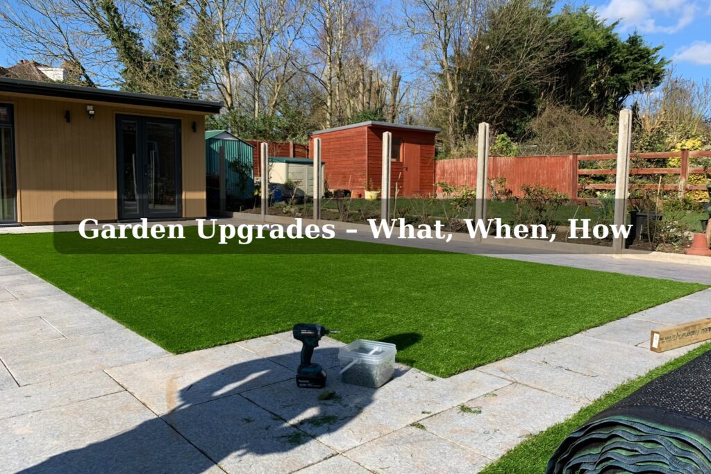 Modern garden with artificial grass and fencing, used as a header image for a blog about garden upgrades, turfing, and fencing planning