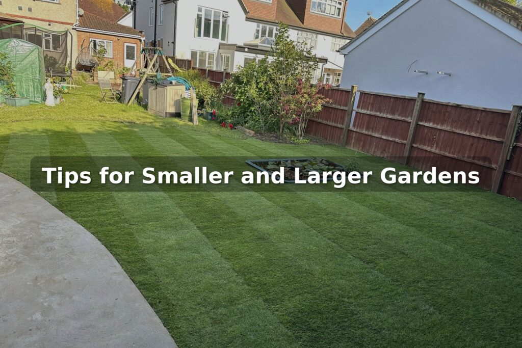 Well-maintained London garden with freshly striped lawn, planting areas, and fencing, illustrating spring garden ideas for small and larger gardens