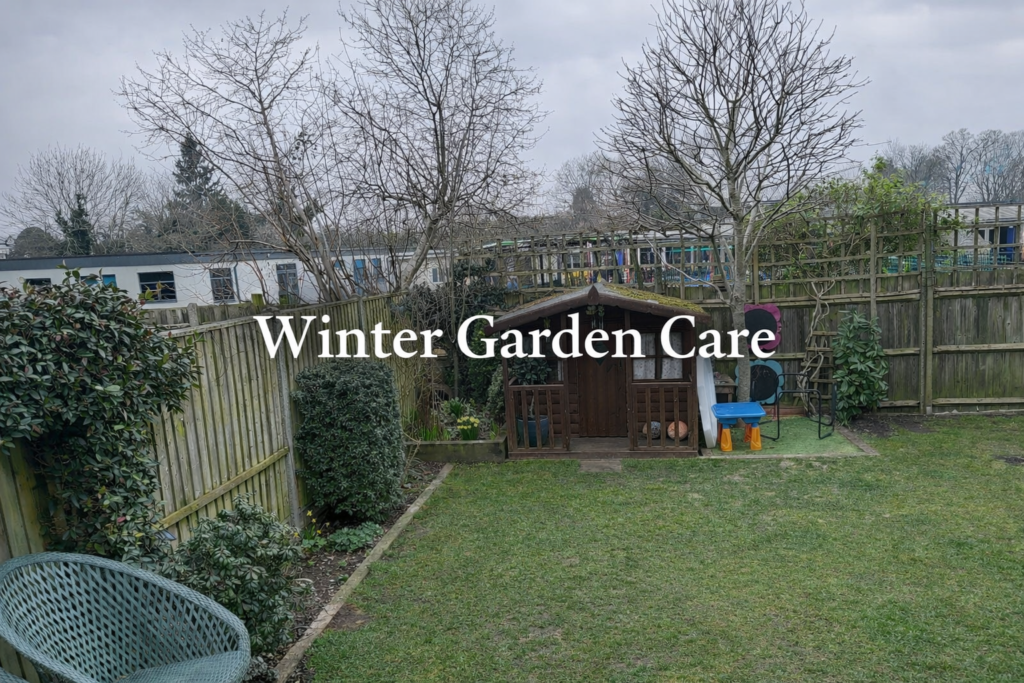 Winter garden with lawn, wooden fencing, garden shed, and children’s play area, featuring “Winter Garden Care” header for professional garden maintenance services