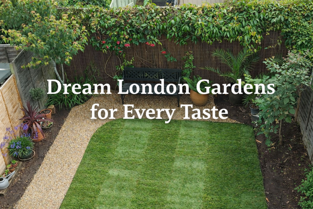 Neatly landscaped London garden with fresh green lawn, curved gravel path, lush planting, and a bench seating area