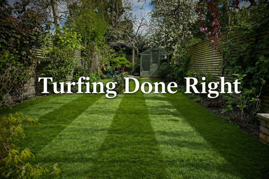 Freshly laid striped lawn in a landscaped London garden with surrounding plants, fencing, and a garden shed