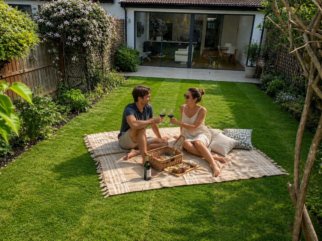 Family having a picnic on a fresh turf lawn in London