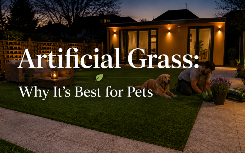 Man gardening beside a relaxed dog on an artificial grass lawn in a modern London garden at dusk, with warm outdoor lighting and overlay text