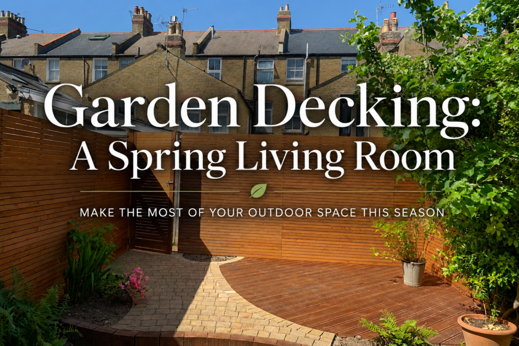 Modern London garden with curved wooden decking, horizontal privacy fencing, and greenery under a clear spring sky with overlay text Garden Decking: A Spring Living Room