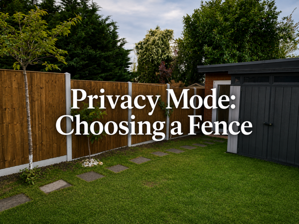 Modern London garden with wooden privacy fencing, green lawn, garden shed