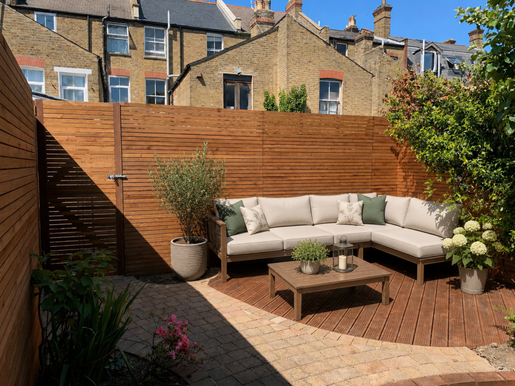 Modern London garden with curved wooden decking, horizontal privacy fencing, outdoor corner sofa seating, and potted plants in bright spring sunshine surrounded by terraced houses