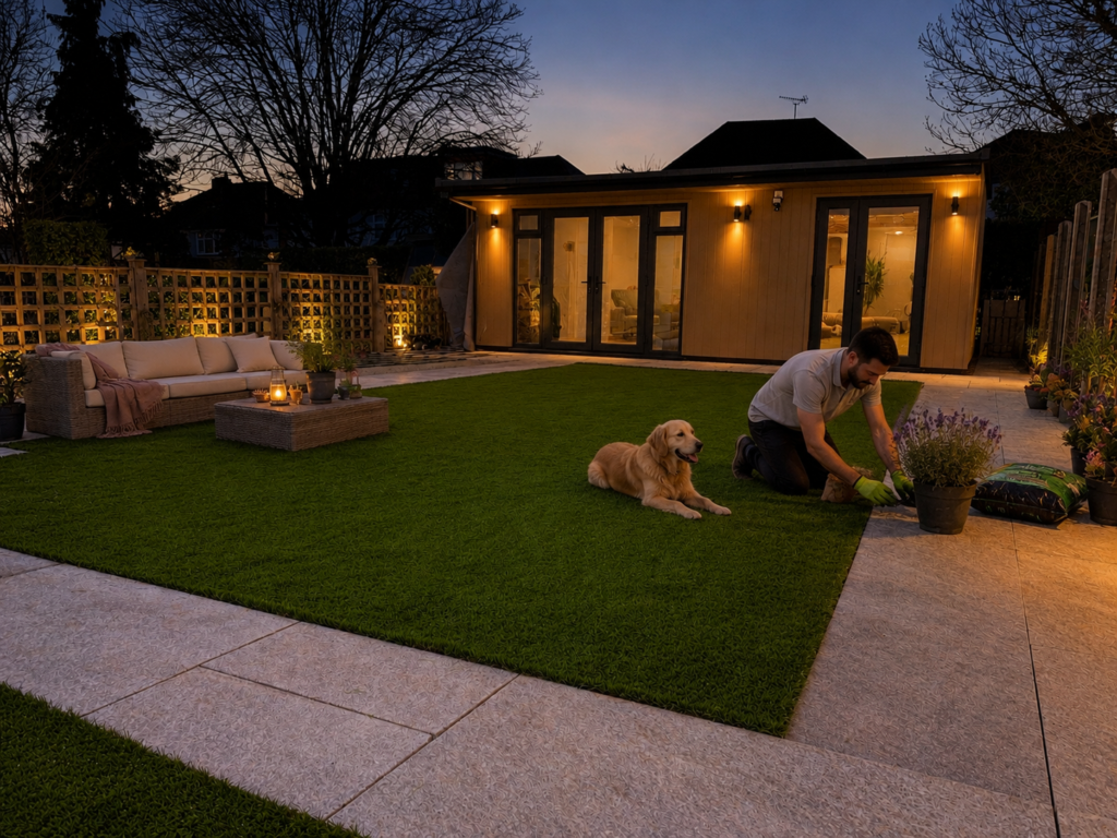 Man gardening beside a relaxed dog on an artificial grass lawn