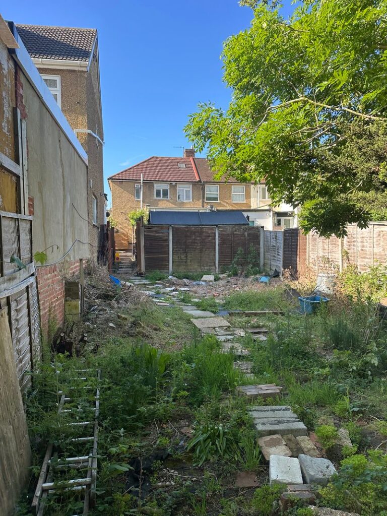 Overgrown London garden before clearance and landscaping work