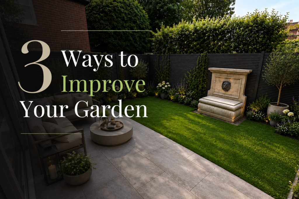 Modern London garden with porcelain patio, outdoor seating, fresh lawn, black fencing, stone water feature, and overlay text 3 Ways to Improve Your Garden.