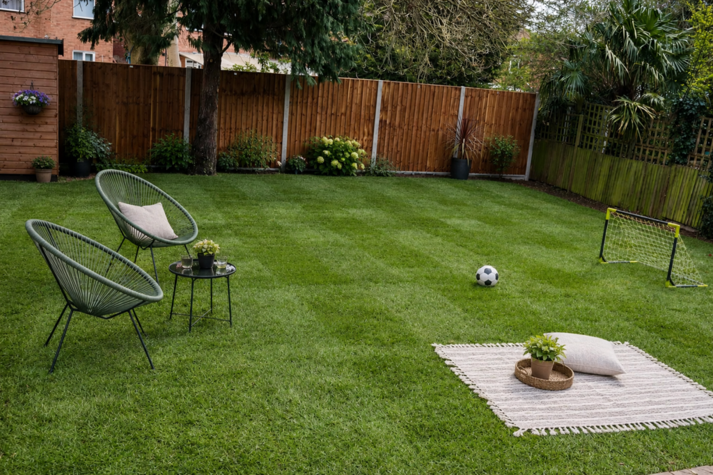 Freshly turfed London garden with new timber fencing, outdoor chairs, football goal, and picnic area creating a family-friendly outdoor space.