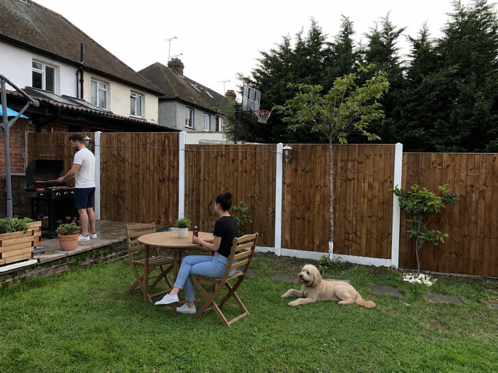 Residential garden in London with wooden fencing, patio, lawn, outdoor seating, and barbecue area designed for outdoor living