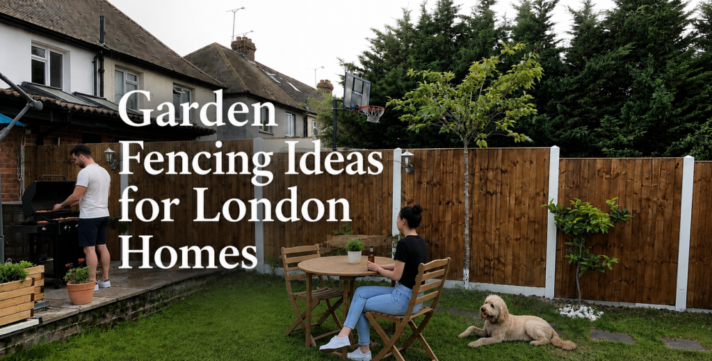 Modern London garden with timber fencing, lawn, patio seating area, barbecue, and dog relaxing in the garde