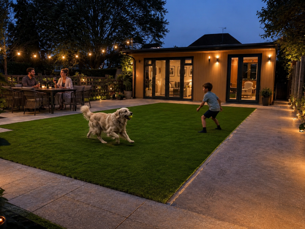 Family enjoying a modern London garden with artificial grass, patio seating, outdoor lighting, and a child playing with a dog on a summer evening.