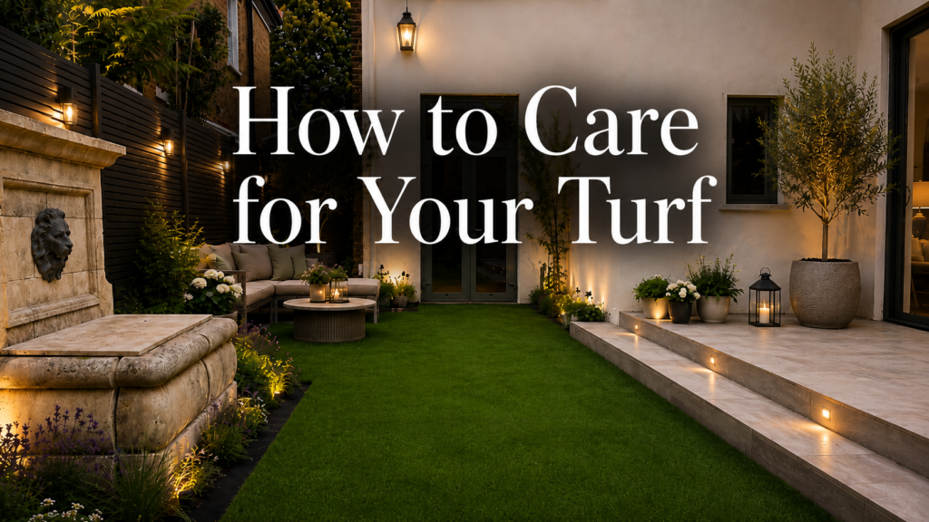 How Do You Care for a Newly Turfed Lawn in London? A newly turfed lawn needs regular watering, limited foot traffic, and careful mowing while its roots establish in the soil below. Good lawn care after turfing is essential during the first few weeks, as this is when the new grass is most vulnerable to drying, lifting and uneven growth. For London homeowners, the challenge is often knowing how much care new turf actually needs. London weather can move quickly between rain, warm sunshine and dry spells, so relying on the forecast alone is rarely enough. This guide explains how to water, protect and mow a newly turfed lawn, along with the most common aftercare mistakes to avoid. What Should Happen Before New Turf Is Laid? The ground should be cleared, levelled and properly prepared before turfing begins. Removing old grass, weeds, stones and compacted soil gives the new turf better contact with the ground and allows its roots to establish evenly. Good ground preparation is one of the most important parts of turfing a lawn. Even high-quality turf can struggle if it is laid over an uneven, poorly drained or compacted surface. Preparing the ground for turfing usually involves: Removing the existing lawn, weeds and unwanted growth Clearing stones, roots and garden debris Loosening compacted soil Adding suitable topsoil where required Improving drainage in problem areas Levelling and lightly firming the surface Applying pre-turf fertiliser when appropriate The prepared ground should be firm enough that it does not sink significantly underfoot, but loose enough for the turf roots to grow into it. This is also the best time to correct dips, raised areas and drainage problems. Laying turf over an uneven garden may hide these issues temporarily, but they often return as puddles, soft areas or an awkward mowing surface. Professional turfing therefore involves much more than simply rolling grass over the garden. The quality of the preparation underneath has a major effect on the finished lawn above. How Often Should You Water New Turf? New turf should be watered thoroughly immediately after installation and kept consistently moist while it establishes. During warm or dry weather, this may mean watering every day, while cooler or wetter conditions may require less frequent watering. The water needs to reach through the turf and into the prepared soil underneath. Lightly spraying the surface may make the grass look wet without giving the roots enough moisture. During the first week, check the lawn regularly by gently lifting a corner of the turf. Both the underside of the turf and the soil below should feel damp. A newly turfed lawn may need extra attention when: The weather is warm or windy The garden receives long periods of direct sunlight The soil drains quickly The turf edges begin to curl or dry The grass starts losing its fresh green appearance The edges and corners of a newly laid lawn usually dry faster than the central areas, so give them particular attention. At the same time, the lawn should not remain waterlogged. Constant standing water can reduce oxygen around the roots and may indicate a drainage problem. The goal is consistently moist soil rather than a saturated surface. Watering early in the morning or later in the day can reduce evaporation. During a warm London summer, watering in strong midday sun is less efficient because more moisture may be lost before reaching the roots. How Long After Turfing Can You Walk on the Lawn? Regular foot traffic should usually be avoided for around two to three weeks after turfing, or until the grass has rooted firmly into the soil. The lawn is ready for light use when the turf no longer lifts easily at the corners. Walking on new turf too soon can push sections out of position, create uneven areas and damage the delicate roots developing underneath. Some access may be necessary for watering, but try to vary your route rather than repeatedly stepping on the same area. Where possible, water from the edge of the lawn or use a sprinkler that can cover the area evenly. Children, pets and garden furniture should remain off the grass during the establishment period. A few extra days of patience can prevent flattened sections, visible joins and muddy depressions. Before returning the lawn to normal use, check several areas rather than testing only one corner. Shadier or wetter parts of the garden may establish more slowly than areas receiving more sunlight. When Should You Mow a Newly Turfed Lawn? A newly turfed lawn should be mown once the grass has grown noticeably and the turf has rooted firmly enough that it cannot be lifted easily. In good growing conditions, the first mow may be possible after around 10 to 14 days, although cooler weather can extend this period. Do not decide by the calendar alone. Test the turf first by gently pulling at an edge. If it remains securely attached to the soil, the roots have started establishing. For the first mow: Use a mower with sharp blades Make sure the grass is reasonably dry Set the mower to a higher cutting position Remove no more than one-third of the grass height Avoid turning the mower sharply on the lawn Stop if the turf begins lifting or moving Cutting new grass too short can place unnecessary stress on it. Leaving it excessively long, however, can encourage weak growth and make the first cut more difficult. Frequent, light mowing is better than allowing the grass to become very tall and then removing a large amount at once. Over time, this encourages the lawn to grow more densely. What Lawn Care Does New Turf Need During the First Six Weeks? During the first six weeks, new turf needs a gradual transition from intensive establishment care to a normal lawn maintenance routine. Watering can be reduced as the roots deepen, while mowing should become more regular. A simple aftercare timeline may look like this: The first week Keep the lawn consistently moist and avoid walking on it. Check the edges, corners and sunny areas regularly, as these may dry more quickly. Weeks two and three Continue watering according to the weather and check whether the turf has rooted. Carry out the first mow when the lawn is secure and the grass is long enough. Weeks three to six Begin reducing the frequency of watering while encouraging the roots to grow deeper. Continue mowing lightly and avoid heavy use if any areas still feel soft or unstable. After six weeks The lawn should be moving towards a more typical maintenance routine. Water during prolonged dry weather, mow regularly and begin planning seasonal feeding according to the lawn’s condition. These timeframes are approximate. Turf laid during warm spring weather may establish faster than turf installed during a cool period with limited growth. What Problems Can Appear After Turfing? The most common problems after turfing include dry edges, yellow patches, visible gaps, uneven rooting and soft or waterlogged areas. Most can be traced back to watering, ground preparation, poor soil contact or premature use. Dry or curling edges Edges can dry faster because they are exposed to more air. Increase watering around the perimeter and make sure each turf roll is sitting firmly against the soil. Yellowing grass Some temporary colour change can occur after installation, but persistent yellowing may indicate that the turf is too dry, too wet or struggling to establish. Check the soil rather than judging moisture from the grass surface alone. If the lawn remains wet for long periods, drainage may need attention. Gaps between turf rolls Small gaps can appear if the turf dries and shrinks. Consistent watering reduces this risk. Turf rolls should be fitted closely together during installation without being stretched. Significant gaps may need professional correction rather than simply filling them with loose soil. Bumps and dips An uneven lawn is often caused by inadequate preparation beneath the turf. Minor irregularities may settle, but larger dips can collect water and make mowing difficult. Turf that lifts easily If the turf still lifts after several weeks, it may not have sufficient contact with the soil or may have dried during establishment. Continue protecting the area and seek advice if rooting does not improve. When Is the Best Time for Turfing in London? Spring and early autumn are often the easiest times to lay turf in London because the soil is usually moist and temperatures support root development. Turfing can still be completed at other times of year as long as the ground is not frozen, heavily waterlogged or extremely dry. London’s relatively mild climate gives homeowners a reasonably flexible turfing season. Each season brings different considerations: Spring: Good growing conditions, although regular watering may still be needed. Summer: Fast establishment is possible, but the lawn may require intensive watering. Autumn: Warm soil and more natural rainfall can support strong root growth. Winter: Turf can sometimes be laid during mild periods, but establishment will be slower. The condition of the garden matters as much as the month. It is better to delay turfing than to lay a new lawn over frozen soil, standing water or ground that cannot be prepared properly. How Should You Maintain the Lawn Once It Is Established? An established turfed lawn needs regular mowing, occasional feeding and suitable care during dry or wet weather. Seasonal maintenance helps the grass remain dense, healthy and better able to recover from everyday use. Long-term lawn care may include: Mowing regularly during active growth Keeping mower blades sharp Watering deeply during extended dry spells Applying suitable seasonal lawn feed Removing leaves and garden debris Aerating compacted areas Scarifying when excessive thatch develops Repairing small worn patches before they spread Avoid mowing the lawn extremely short, especially during hot or dry conditions. Slightly longer grass can shade the soil and reduce moisture loss. Heavy foot traffic can gradually compact the ground, particularly in smaller London gardens where the same routes are used repeatedly. Aeration can help improve the movement of water, air and nutrients through the soil. Garden maintenance should respond to the lawn rather than follow a rigid schedule. Weather, shade, soil type and usage all affect how quickly grass grows and what care it needs. Should You Repair an Old Lawn or Re-Turf It? Small isolated patches can often be repaired, but re-turfing may be more suitable when damage affects most of the lawn. Widespread weeds, severe unevenness, poor drainage and heavily compacted soil can make repeated patch repairs less effective. Repair may be enough when: Damage is limited to one or two small areas The surrounding grass is healthy The surface remains reasonably level The underlying soil is in good condition Re-turfing a lawn may provide a better result when: Much of the grass is thin, muddy or worn Weeds have spread throughout the garden The lawn contains numerous bumps and dips Previous repairs have repeatedly failed The garden needs levelling or drainage improvements Removing the old lawn also provides an opportunity to address the underlying cause of the problem. Without that work, new grass may eventually develop the same issues. Is Professional Turfing Worth It? Professional turfing can be worthwhile when a garden requires substantial clearance, levelling, soil improvement or drainage work. Correct preparation and installation reduce the risk of gaps, uneven areas and poor establishment. For homeowners, one of the main benefits is having the whole process managed properly, from removing the existing lawn to preparing the ground and laying the final turf. A turfing company can also assess whether turf is the best solution for the space. Gardens with deep shade, severe drainage problems or exceptionally heavy use may need additional landscaping work or a different type of surface. The cost of turfing a garden will depend on factors such as: The size of the lawn The condition of the existing ground Access to the garden Waste removal requirements The amount of topsoil needed Levelling or drainage work The type and quality of turf selected A site-specific quote is therefore more useful than relying on a general cost per square metre. Frequently Asked Questions About Turfing and Lawn Care How long does new turf take to root? New turf usually begins rooting within the first couple of weeks, but full establishment takes longer. Test it by gently lifting a corner; resistance means the roots are connecting with the soil. Can you lay turf over existing grass? Turf should not normally be laid directly over an existing lawn. The old grass and weeds should be removed so the soil can be prepared, levelled and brought into proper contact with the new turf. Can turf be laid during summer? Turf can be laid during summer, but it requires careful and frequent watering. The turf and soil must not be allowed to dry out while the roots are establishing. When can children and pets use new turf? Children and pets should generally stay off a newly turfed lawn for around two to three weeks. Wait until the turf is securely rooted and no longer moves or lifts under light pressure. How often should an established lawn be watered? Established lawns usually need watering only during prolonged dry periods. Deeper, less frequent watering is generally more beneficial than light daily sprinkling because it encourages deeper root growth. Thinking About Turfing Your London Garden? Fresh turf can create an immediate garden transformation, but its long-term success depends on much more than the grass itself. Careful preparation, professional installation and the right lawn care during the first few weeks all help produce a healthier, more even result. PI Gardening provides turfing, garden landscaping and ongoing garden maintenance across London and surrounding areas. Whether you need to replace a tired lawn, prepare an overgrown garden or improve your wider outdoor space, our team can help you choose the right approach. Contact PI Gardening to arrange a free quote for your garden.