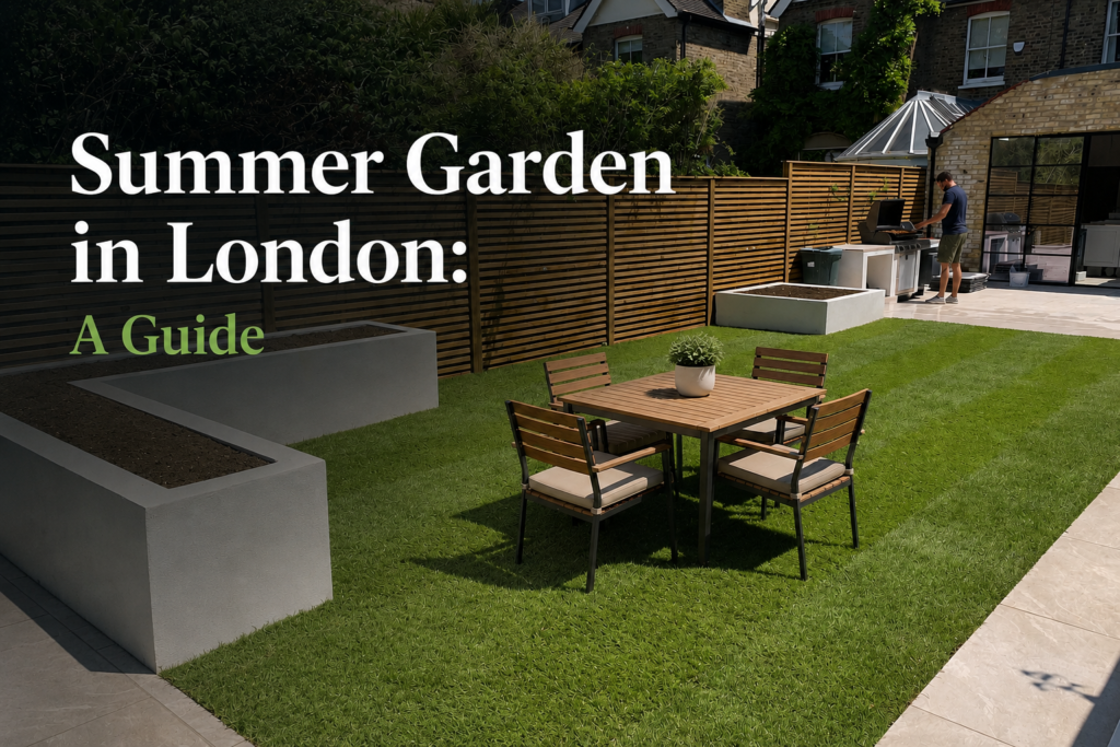 Modern London garden with fresh turf, contemporary horizontal timber fencing, raised white planters, outdoor dining furniture, and a barbecue area on a sunny summer day. Select 75 more words to run Humanizer.