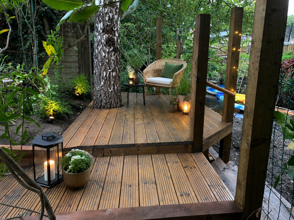 Raised garden decking built around a mature tree with outdoor lighting, lanterns, and a cosy seating area surrounded by lush planting in a London garden.