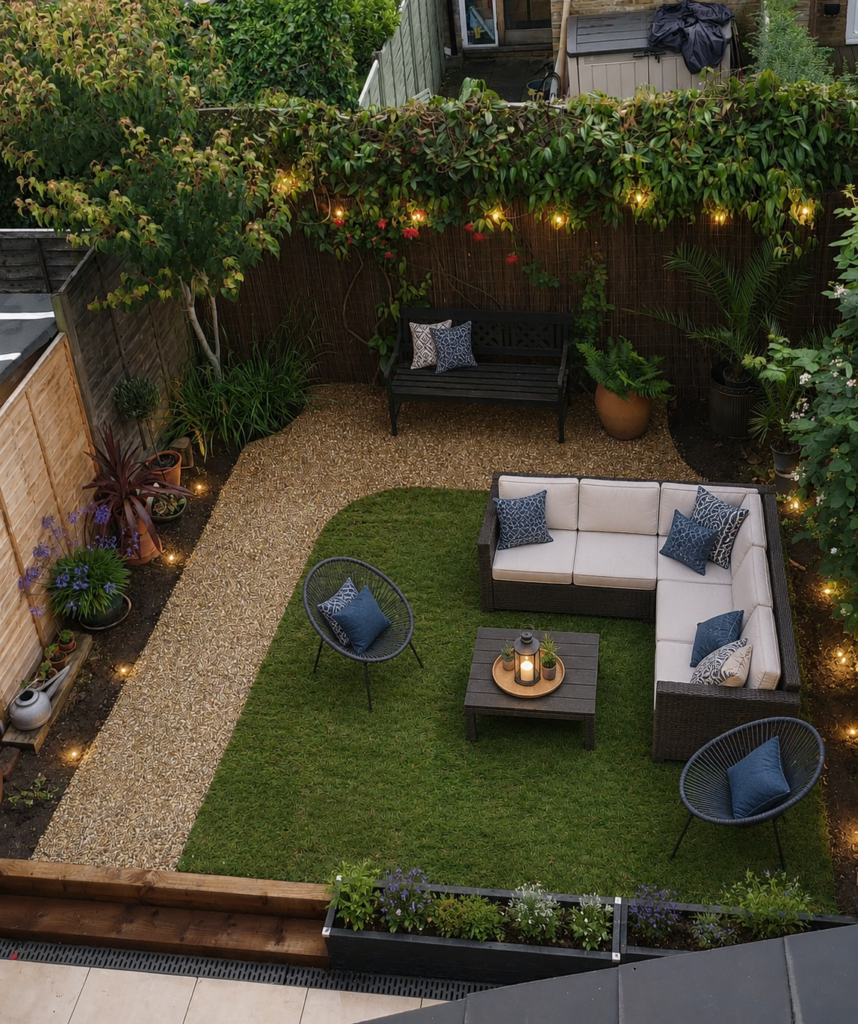 Overhead view of a landscaped garden with a green lawn, outdoor sofa and chairs, gravel path, planted borders, fencing and warm garden lights Select 77 more words to run Humanizer.