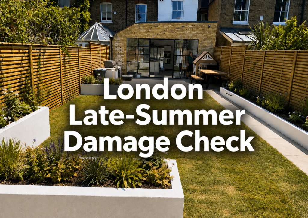 London garden with a heat-worn late-summer lawn, raised planters, wooden fencing and patio, with overlay text reading London Late-Summer Damage Check. Select 76 more words to run Humanizer.