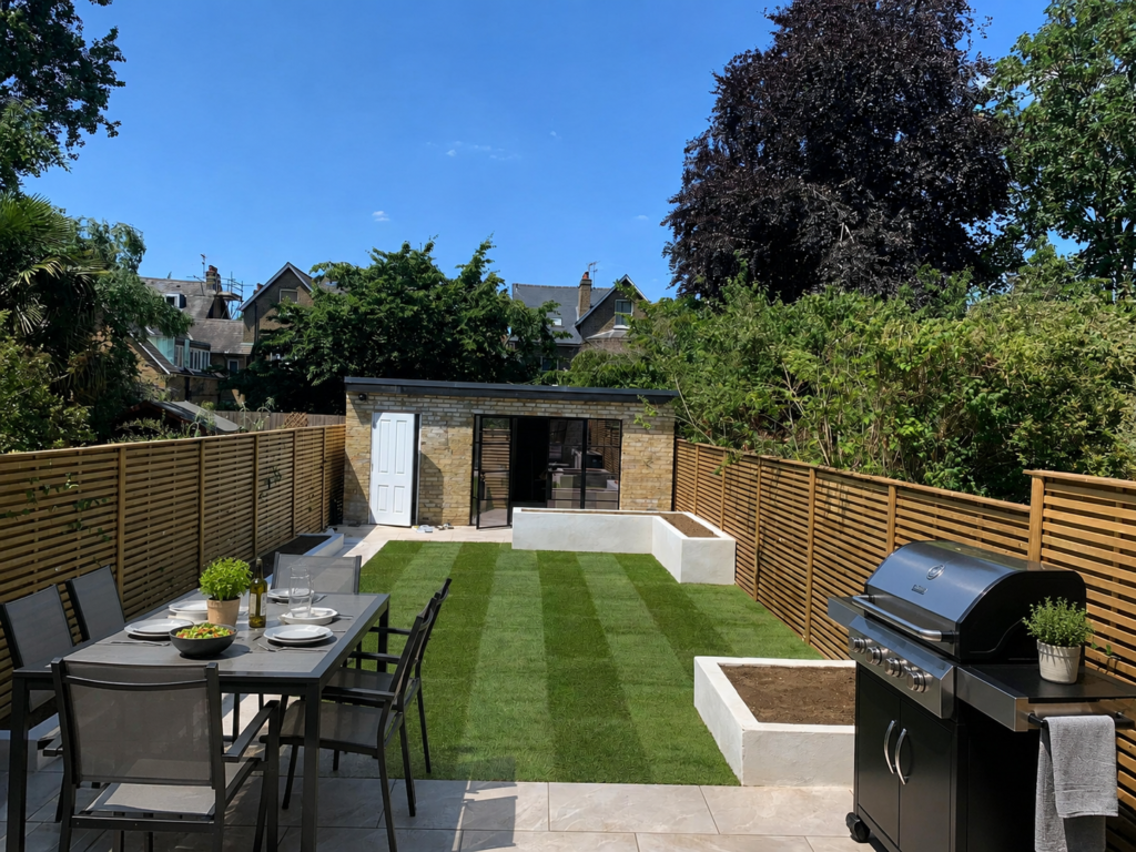 Freshly turfed London garden with outdoor dining table, barbecue, wooden fencing and raised beds
