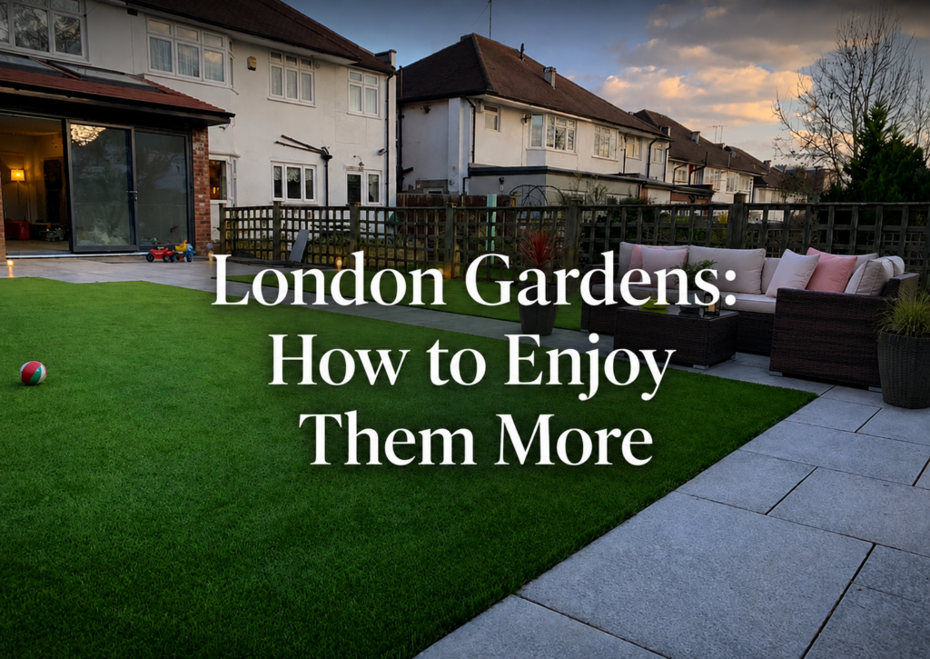 London garden with artificial grass, porcelain paving and outdoor seating at dusk, with the text London Gardens: How to Enjoy Them More.