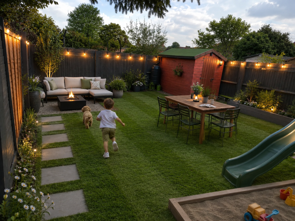 fresh turf with child and dog running