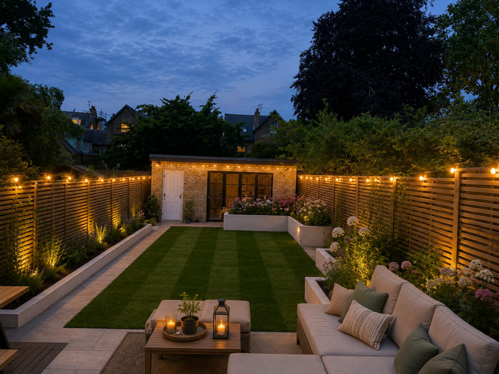 Landscaped London garden with outdoor sofa, warm garden lighting, flowers and freshly turfed lawn at dusk