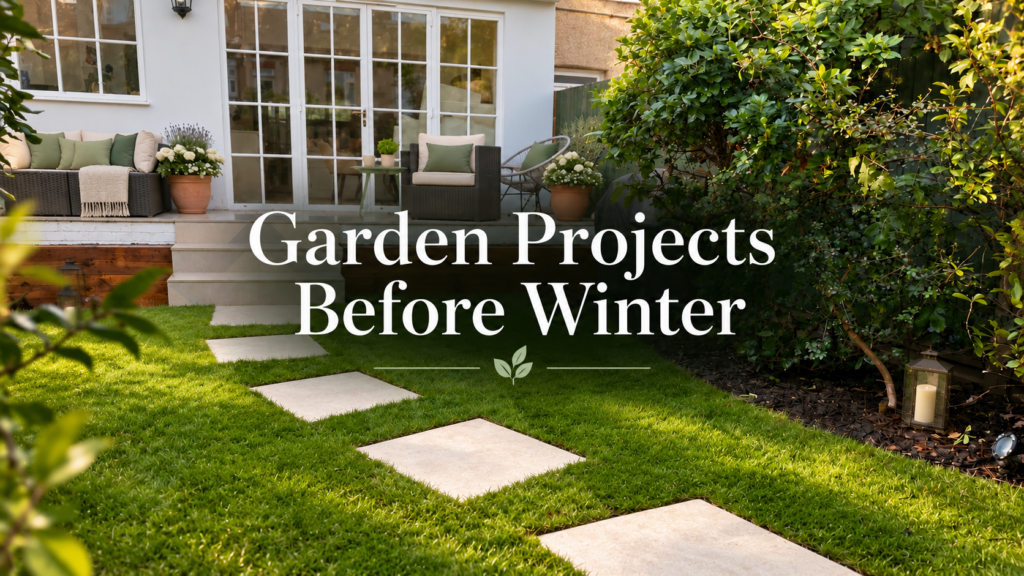 Landscaped London garden with green lawn, stepping stones, patio seating and Garden Projects Before Winter text overlay