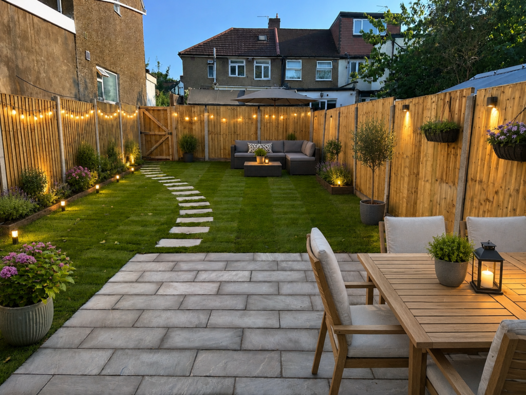 London garden with lighting on fence