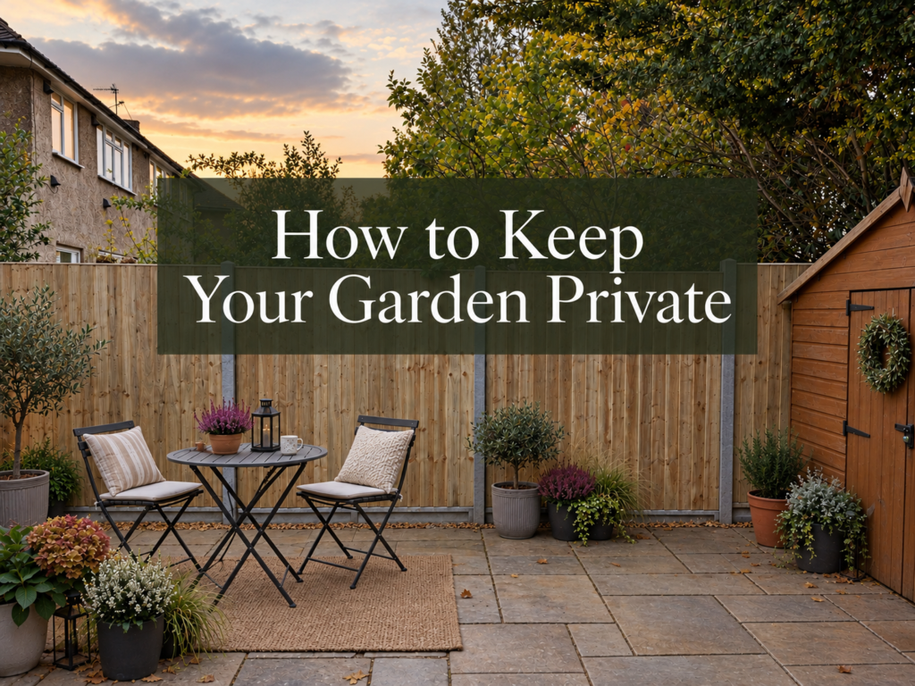 Private London garden with timber fencing, patio seating, autumn planting and How to Keep Your Garden Private text overlay