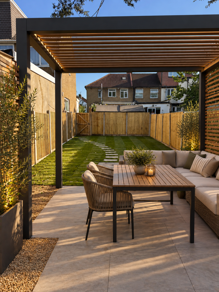 Modern London garden with a black pergola, timber privacy screens, outdoor dining area, comfortable seating and green lawn