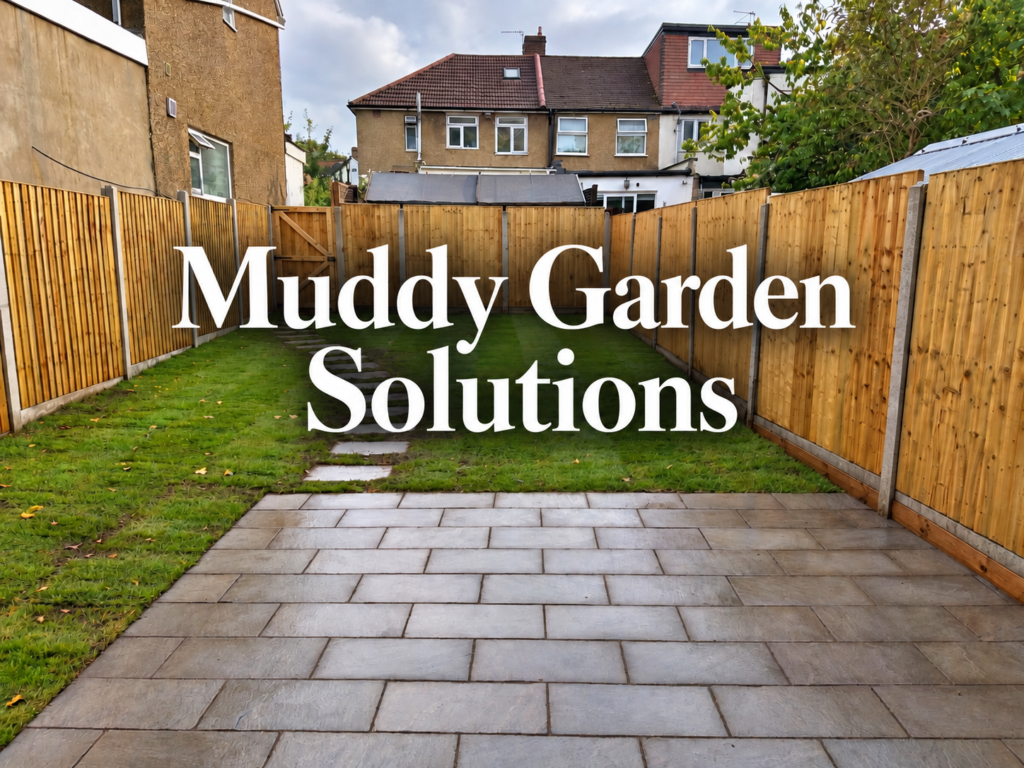 Muddy London garden with stepping stones, fresh lawn, patio and wooden fencing under a cloudy sky with Muddy Garden Solutions overlay text.