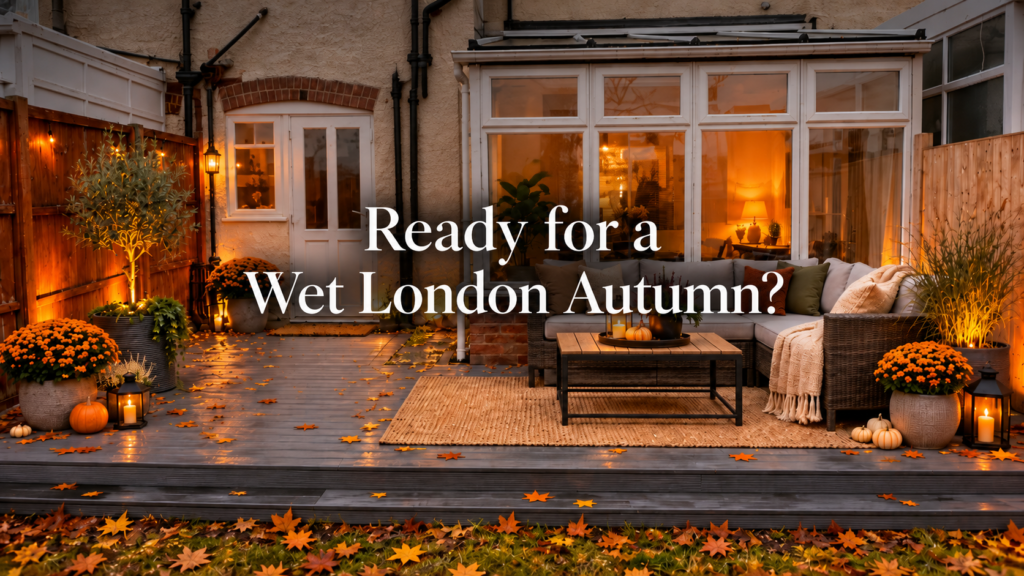 Autumn garden decking with outdoor seating, seasonal planters, pumpkins, lanterns and fallen leaves.