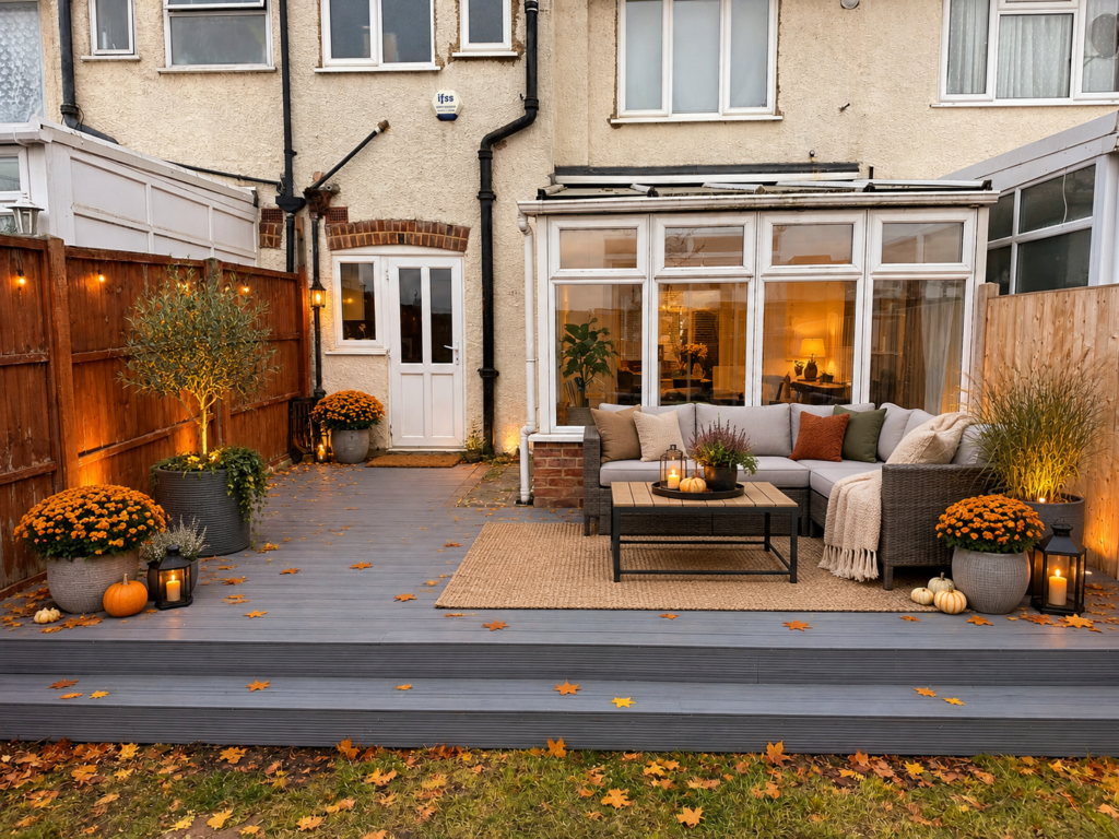 Autumn garden decking with outdoor seating